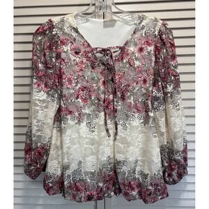 Ember Floral Lace 3/4 Sleeve Blouse Medium V Tie Neck Boho Lined Elastic Hem